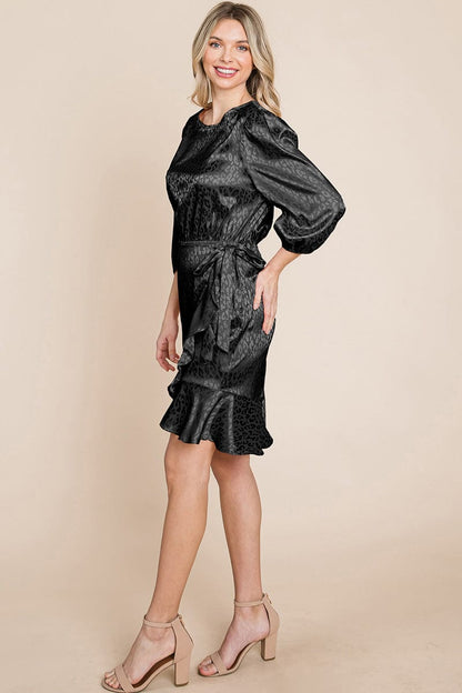Satin Leopard Print Ruffle Hem Dress by RolyPoly Apparel