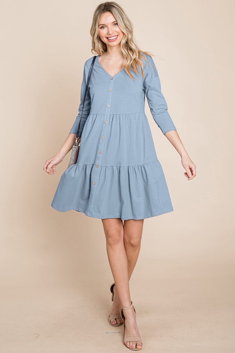 V neck Button Front Tiered Babydoll dress by RolyPoly Apparel