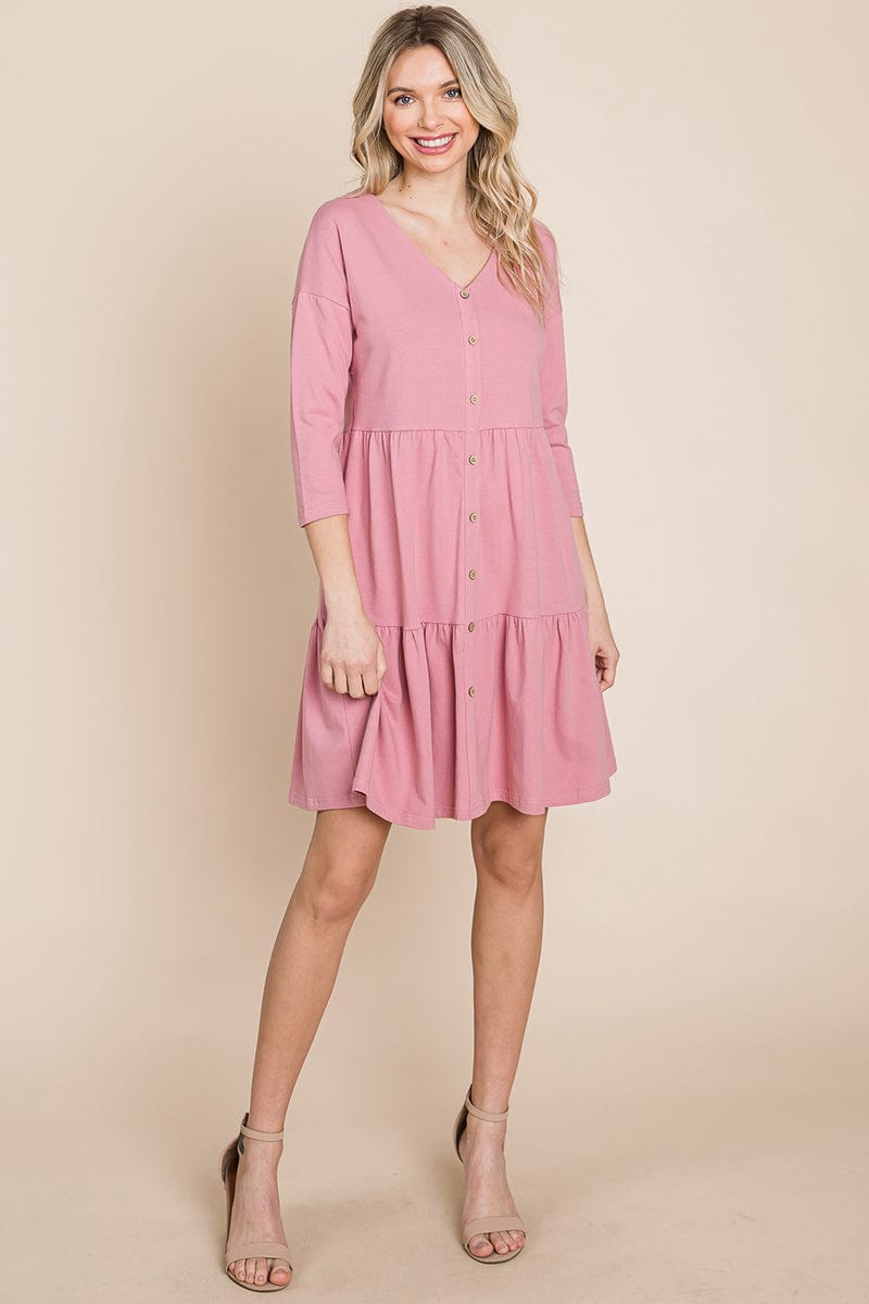 V neck Button Front Tiered Babydoll dress by RolyPoly Apparel