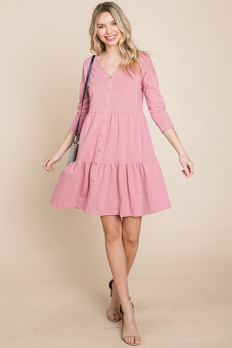 V neck Button Front Tiered Babydoll dress by RolyPoly Apparel