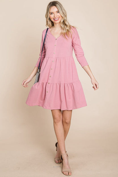 V neck Button Front Tiered Babydoll dress by RolyPoly Apparel