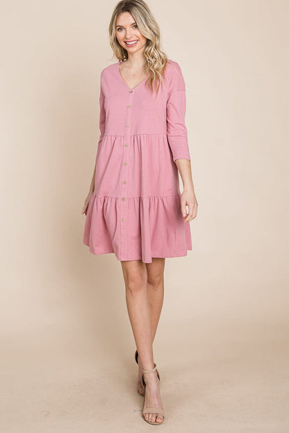 V neck Button Front Tiered Babydoll dress by RolyPoly Apparel