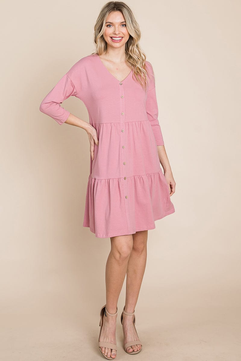 V neck Button Front Tiered Babydoll dress by RolyPoly Apparel
