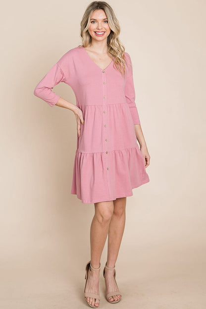 V neck Button Front Tiered Babydoll dress by RolyPoly Apparel