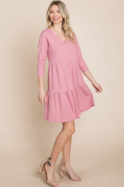 V neck Button Front Tiered Babydoll dress by RolyPoly Apparel