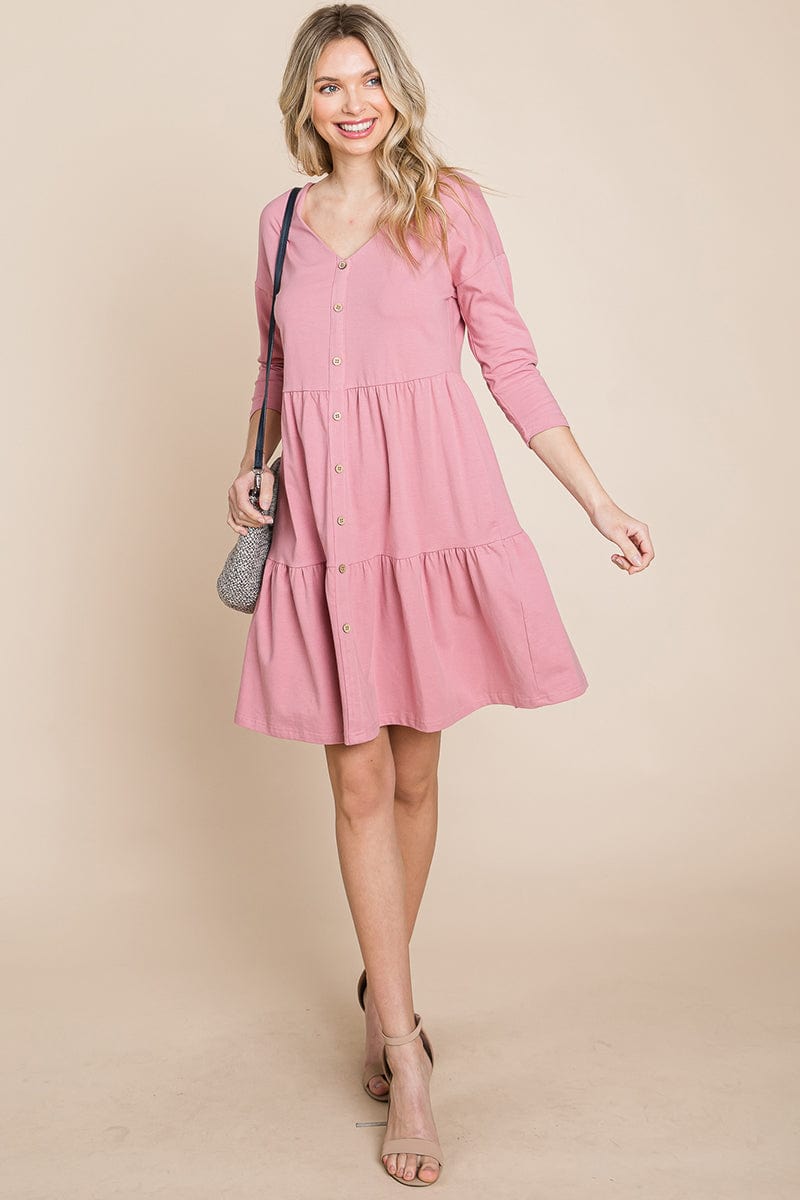 V neck Button Front Tiered Babydoll dress by RolyPoly Apparel