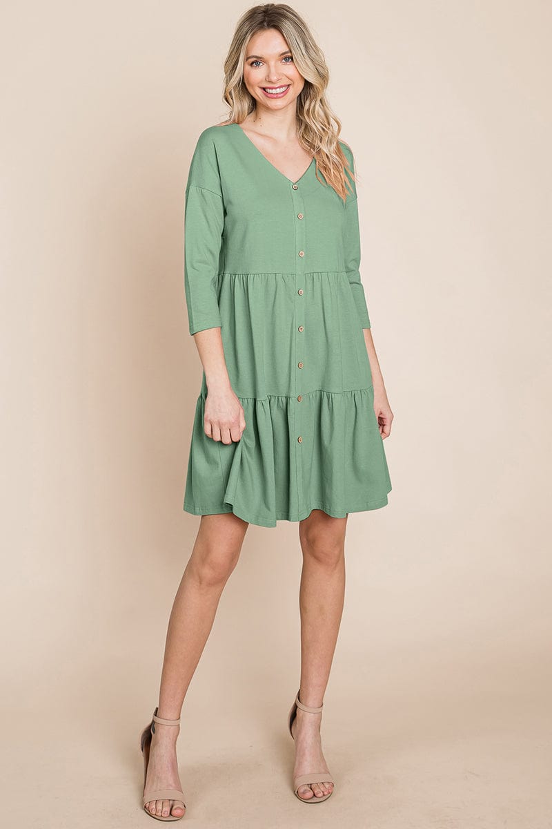 V neck Button Front Tiered Babydoll dress by RolyPoly Apparel