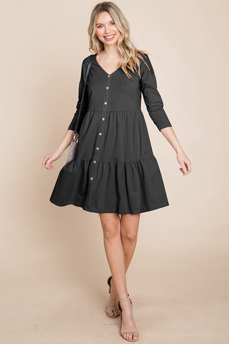 V neck Button Front Tiered Babydoll dress by RolyPoly Apparel