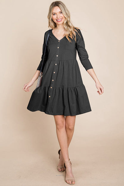 V neck Button Front Tiered Babydoll dress by RolyPoly Apparel