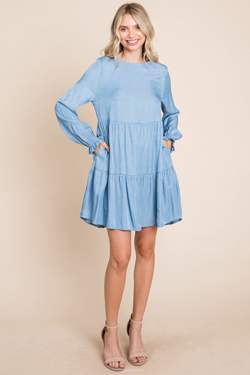 Chambray Pleated Tiered Long Sleeve Dress by RolyPoly Apparel