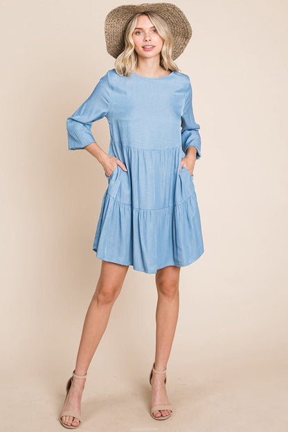 Chambray Pleated Tiered Long Sleeve Dress by RolyPoly Apparel
