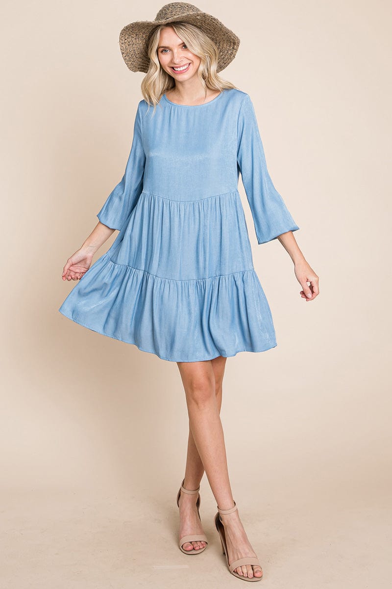 Chambray Pleated Tiered Long Sleeve Dress by RolyPoly Apparel