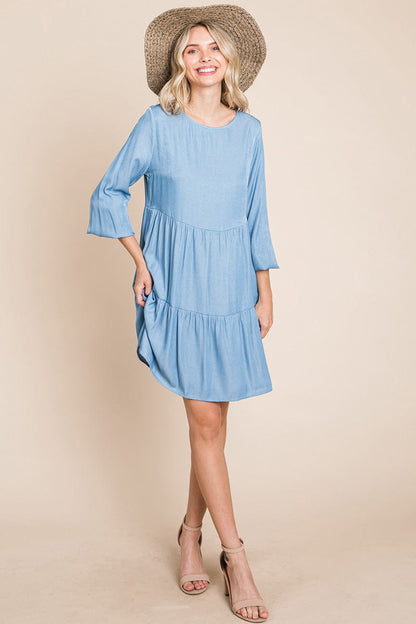 Chambray Pleated Tiered Long Sleeve Dress by RolyPoly Apparel
