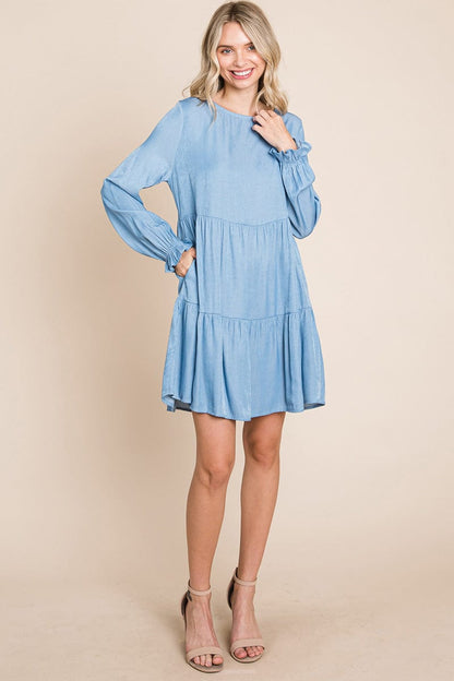 Chambray Pleated Tiered Long Sleeve Dress by RolyPoly Apparel