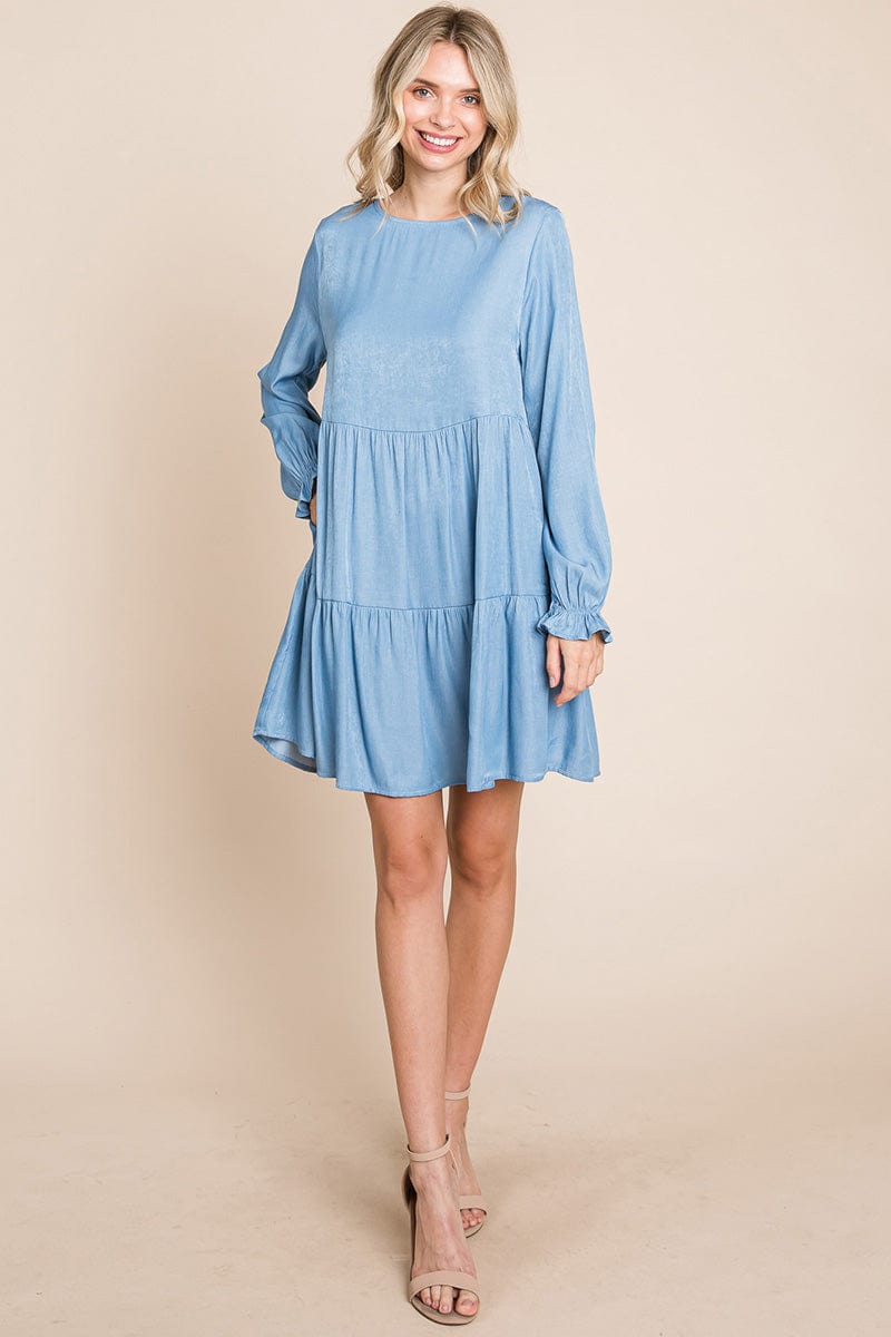 Chambray Pleated Tiered Long Sleeve Dress by RolyPoly Apparel