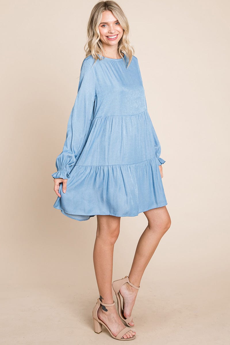 Chambray Pleated Tiered Long Sleeve Dress by RolyPoly Apparel