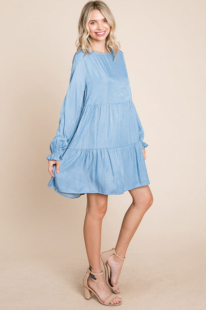 Chambray Pleated Tiered Long Sleeve Dress by RolyPoly Apparel