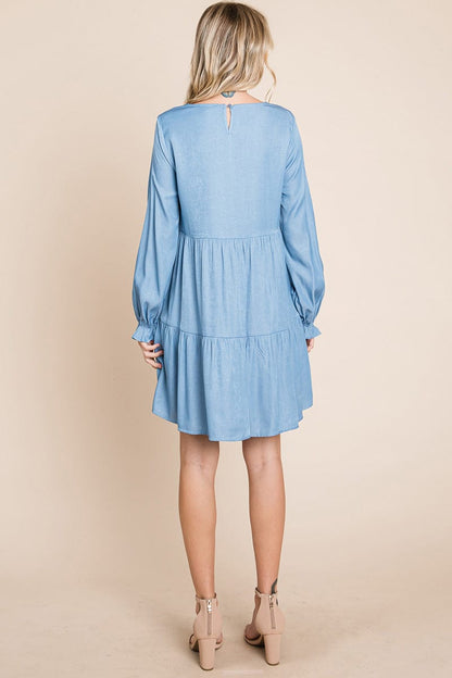 Chambray Pleated Tiered Long Sleeve Dress by RolyPoly Apparel