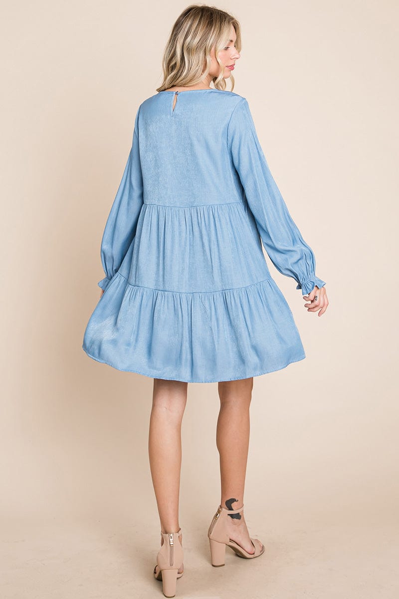 Chambray Pleated Tiered Long Sleeve Dress by RolyPoly Apparel