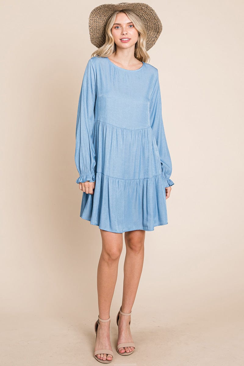 Chambray Pleated Tiered Long Sleeve Dress by RolyPoly Apparel