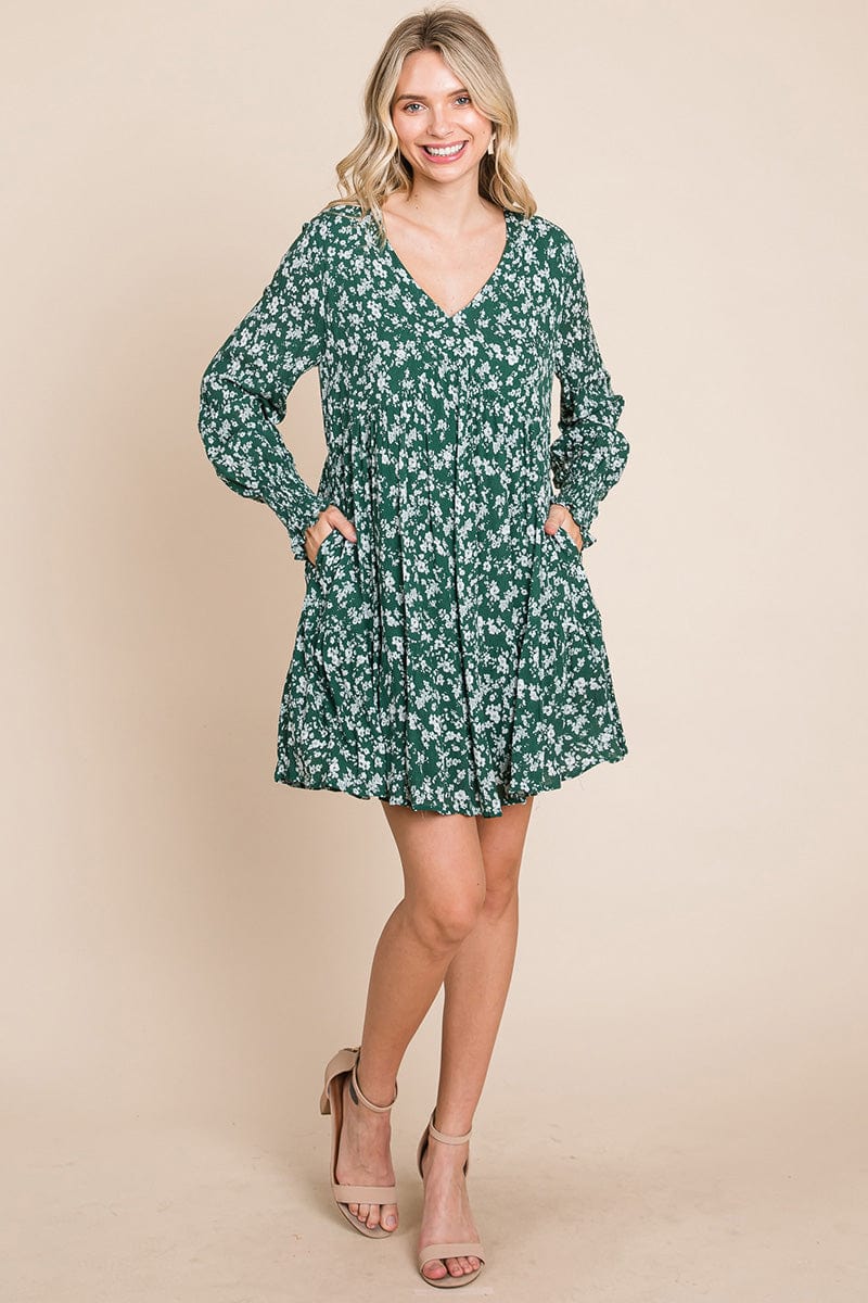 V neck Floral Printed Long Sleeve Pleated Dress by RolyPoly Apparel