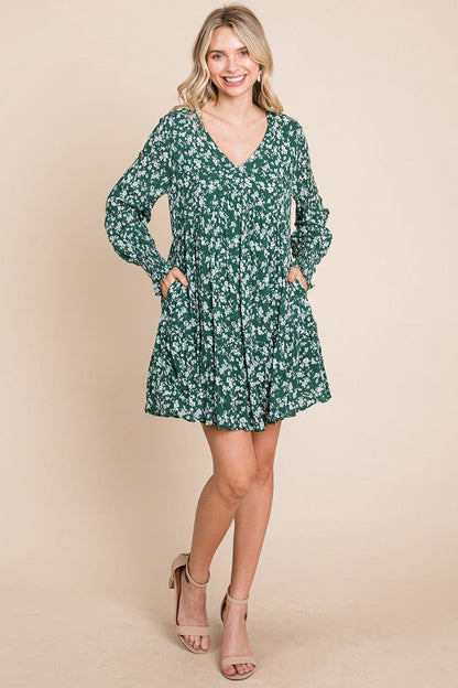V neck Floral Printed Long Sleeve Pleated Dress by RolyPoly Apparel