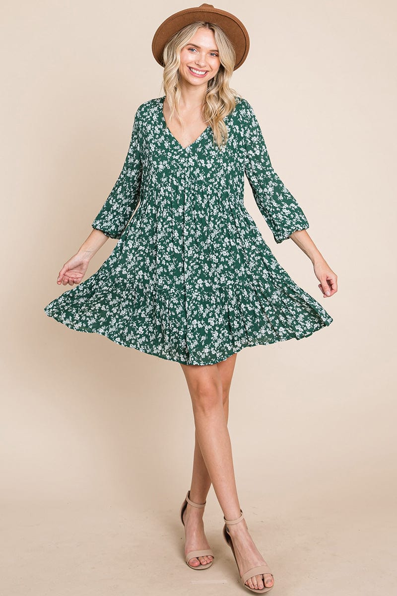 V neck Floral Printed Long Sleeve Pleated Dress by RolyPoly Apparel