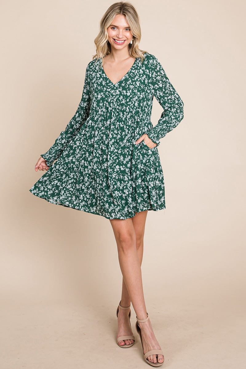 V neck Floral Printed Long Sleeve Pleated Dress by RolyPoly Apparel