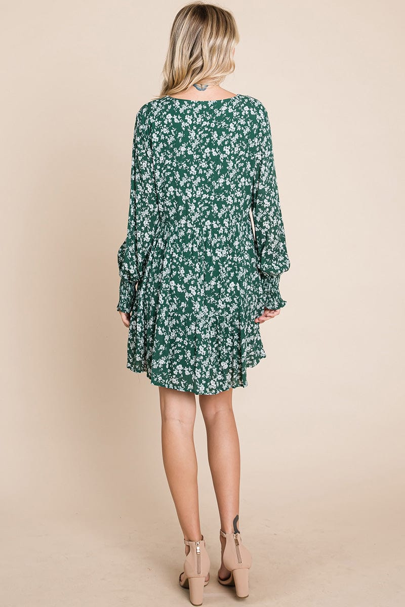 V neck Floral Printed Long Sleeve Pleated Dress by RolyPoly Apparel