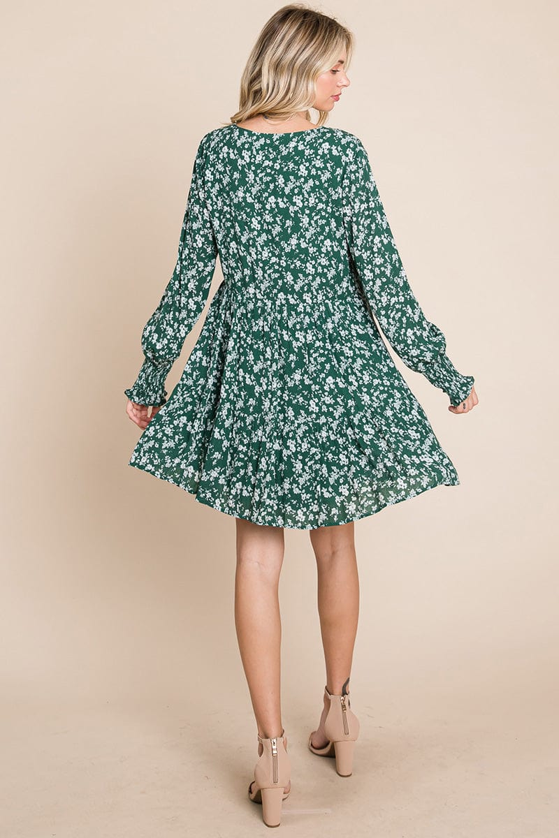 V neck Floral Printed Long Sleeve Pleated Dress by RolyPoly Apparel