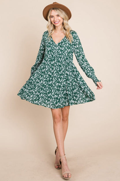 V neck Floral Printed Long Sleeve Pleated Dress by RolyPoly Apparel