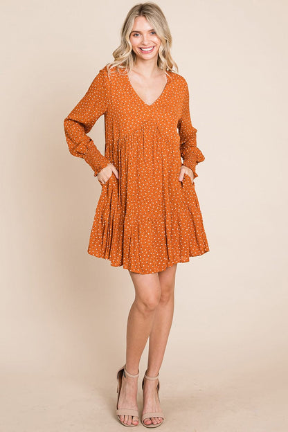 V neck Floral Printed Long Sleeve Pleated Dress by RolyPoly Apparel