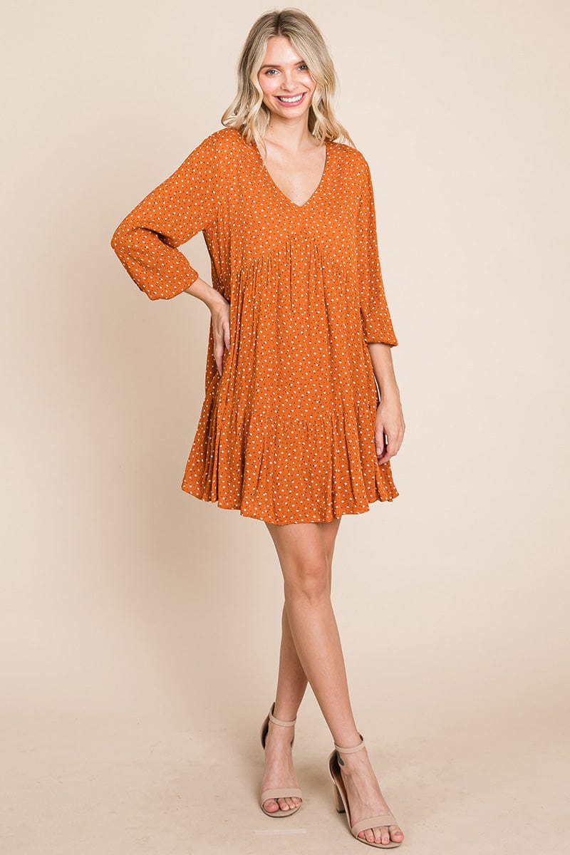 V neck Floral Printed Long Sleeve Pleated Dress by RolyPoly Apparel