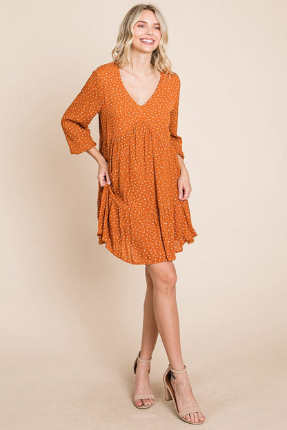 V neck Floral Printed Long Sleeve Pleated Dress by RolyPoly Apparel