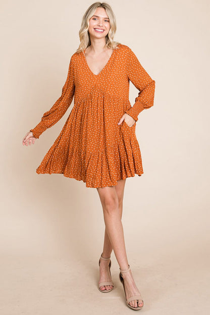 V neck Floral Printed Long Sleeve Pleated Dress by RolyPoly Apparel