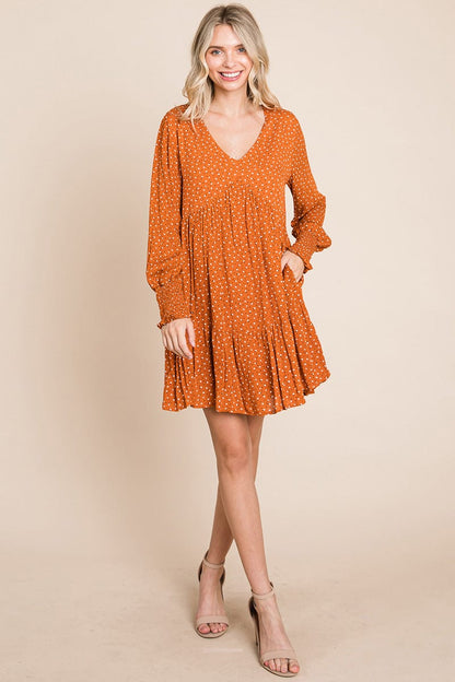 V neck Floral Printed Long Sleeve Pleated Dress by RolyPoly Apparel