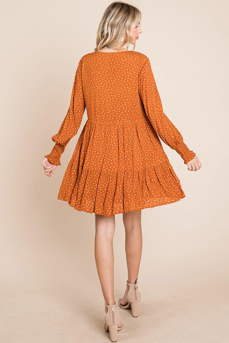 V neck Floral Printed Long Sleeve Pleated Dress by RolyPoly Apparel
