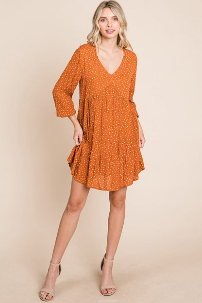 V neck Floral Printed Long Sleeve Pleated Dress by RolyPoly Apparel