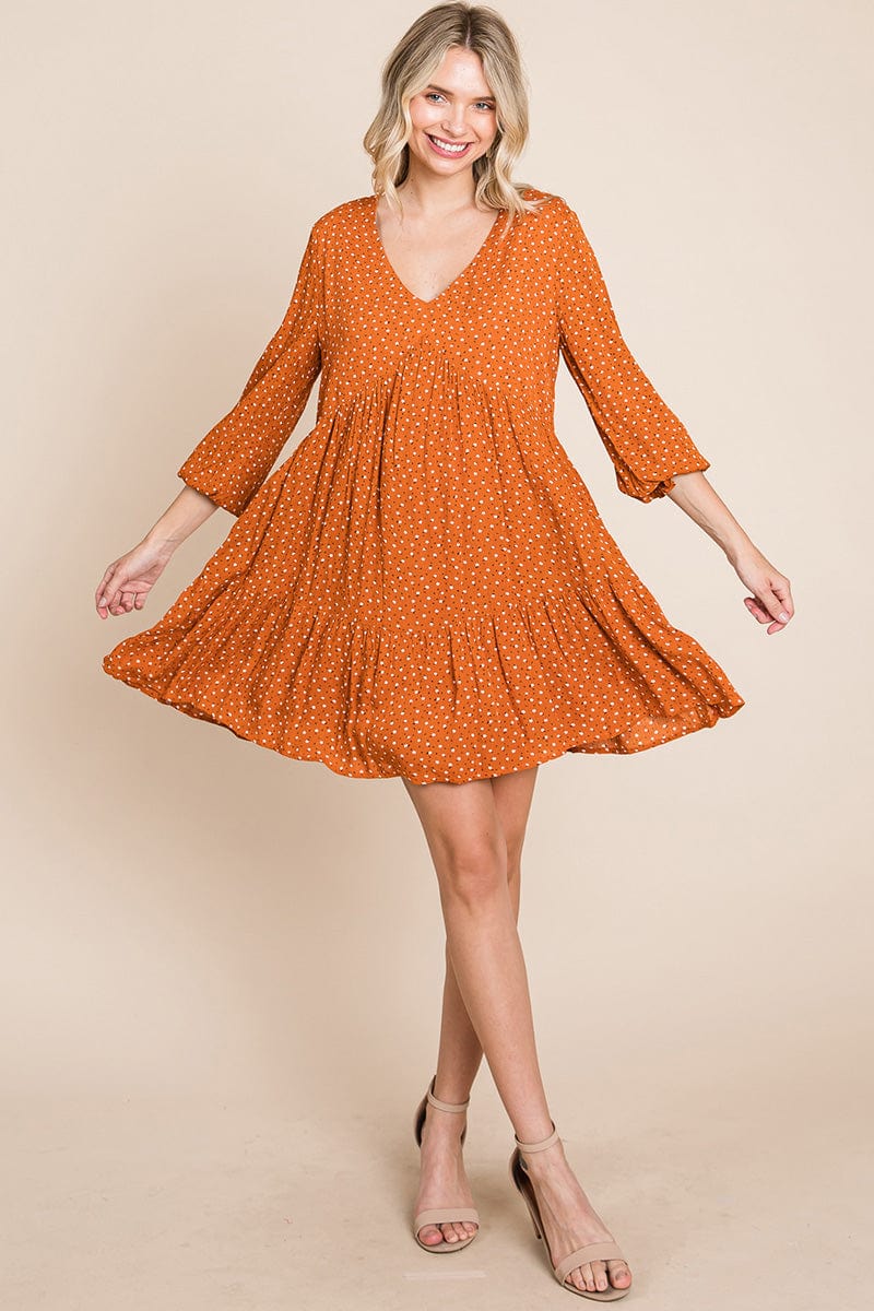 V neck Floral Printed Long Sleeve Pleated Dress by RolyPoly Apparel