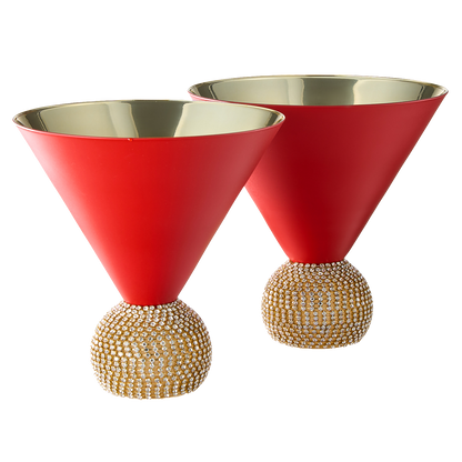 The Wine Savant Diamond Studded Martini Glasses Set of 2 Matte Red & Gold Modern Cocktail Glass, Rhinestone Diamonds With Stemless Crystal Ball Base, Bar or Party 10.5oz, Swarovski Style Crystals by The Wine Savant