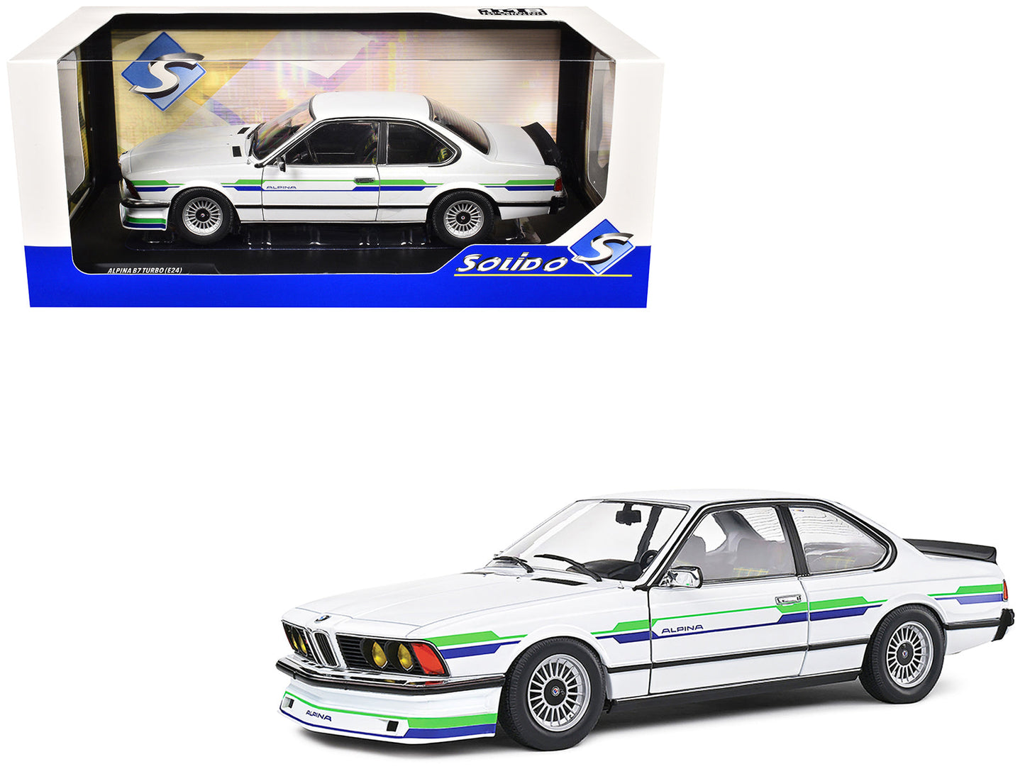 1984 BMW Alpina B7 Turbo (E24) White with Blue and Green Graphics 1/18 Diecast Model Car by Solido  free shipping USA