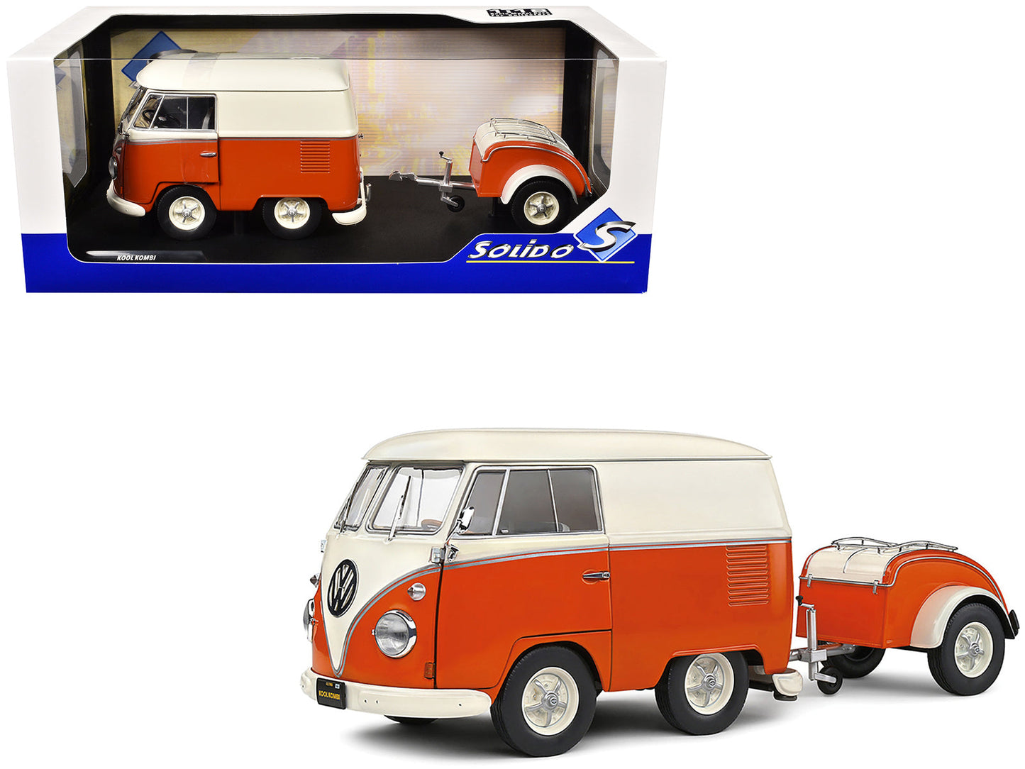 1950 Volkswagen Kool Kombi Van with Trailer Orange and White 1/18 Diecast Model Car by Solido  free shipping USA