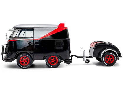 2024 Volkswagen Kool Kombi Sport Van with Trailer Black and Silver with Red Stripe 1/18 Diecast Model Car by Solido