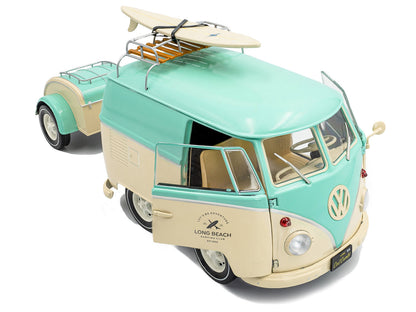 2024 Volkswagen Cool Combi Van with Trailer "Long Beach Surfing Club" Mint Green and Cream with Roof Rack and Surfboard 1/18 Diecast Model Car by Solido