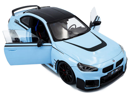 2024 BMW M2 Performance Parts Zandvoort Blue with Carbon Top and Black Stripes 1/18 Diecast Model Car by Solido