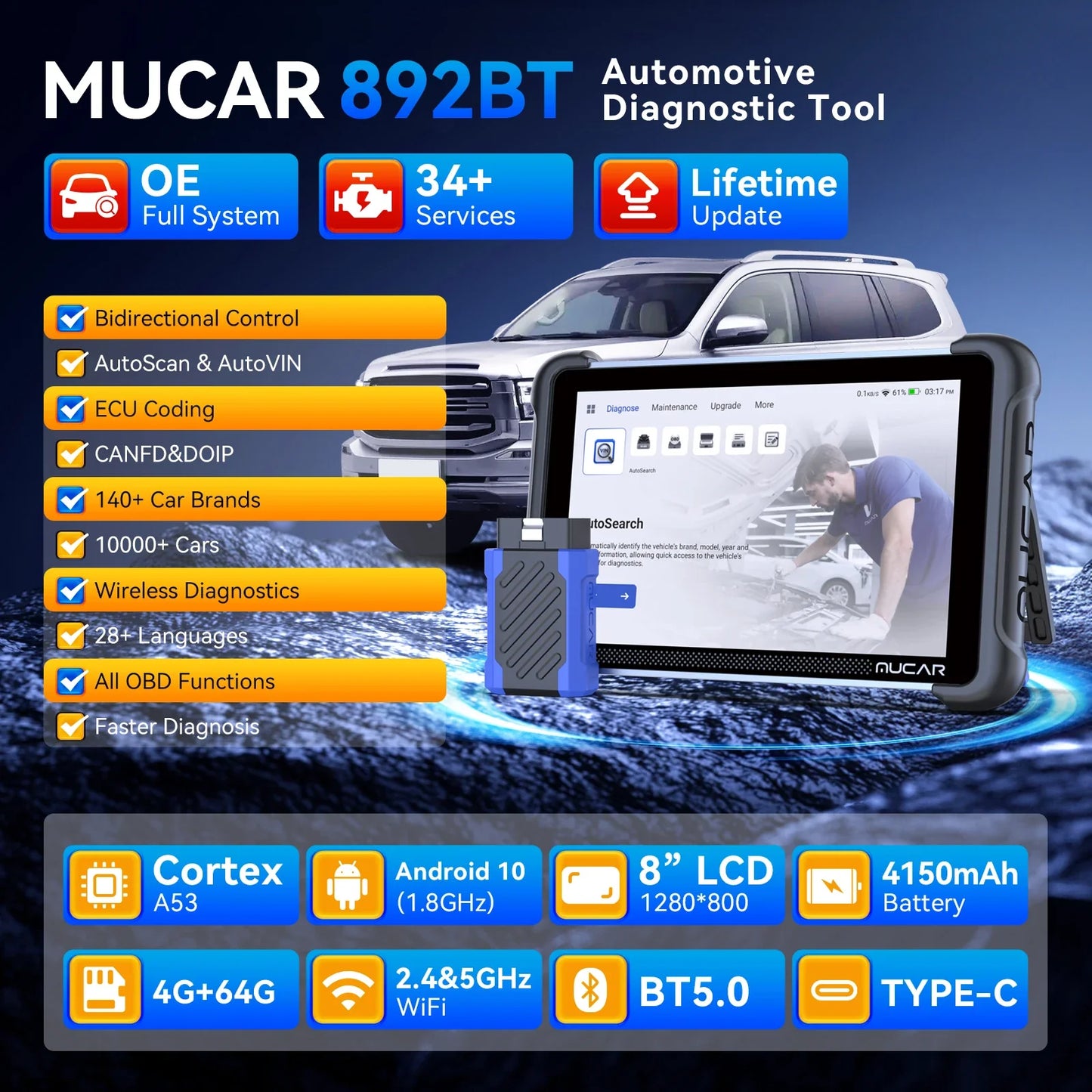 MUCAR 892BT OBD2 Scanner CANFD&DOIP All System Diagnostic Tool, Bi-Directional ECU Coding, 34 Reset Lifetime Free for all Cars