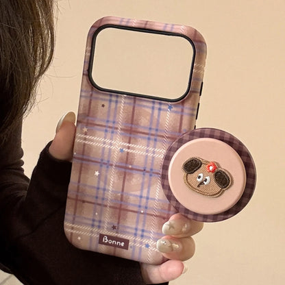Cute Grid Pattern Cartoon Embroidery Puppy Bracket Magnetic Phone Case For iPhone