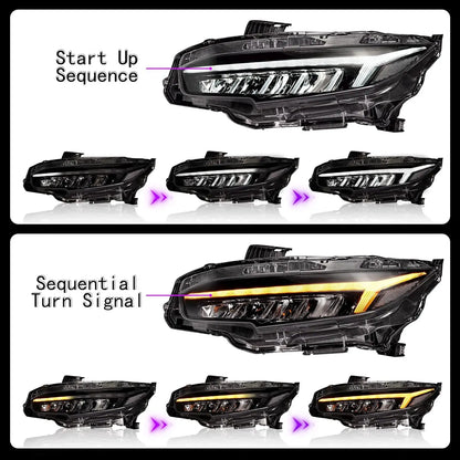 LED Headlights  for Honda Civic Sedan/Coupe/Hatchback 2016-2022 10th Gen With Sequential Turn Signal Assembly