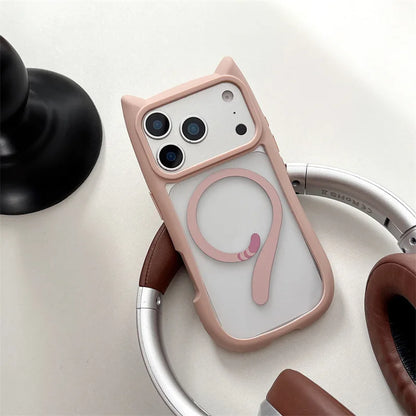 Cute Cartoon Solid Color Cat Tail Clear Magnetic Phone Case For iPhone