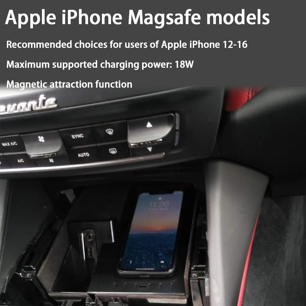 for Maserati Levante M161 2017-2024 Center Console Storage Car Wireless Mobile Phone Charger QI 18W iPhone Magsafe Fast Charging